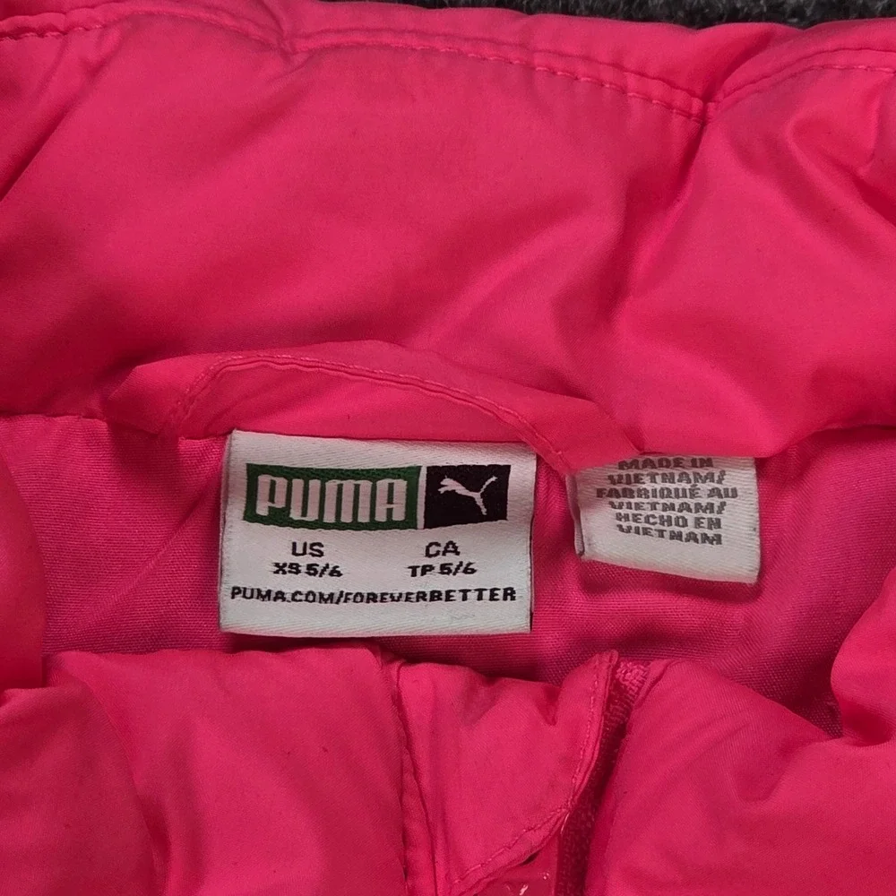 Puma Puffer Vest Girl's Size XS 5/6 Hot Pink‎ Glitter Logo Full Zip Activewear